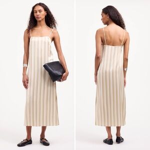 Madewell 100% Silk Midi Slip Dress Faded Khaki Stripe Size 8